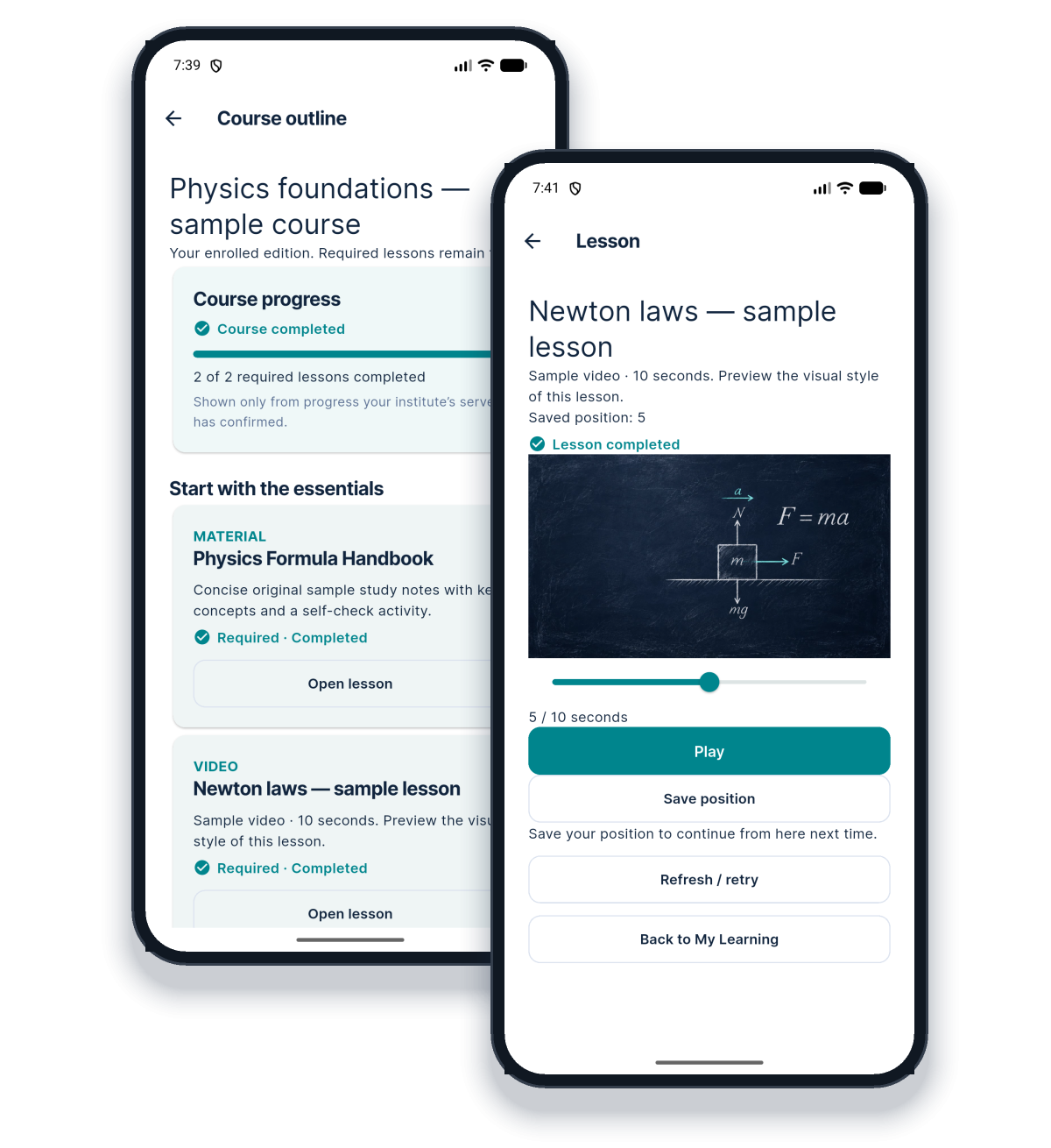 Two mobile app screens: a course outline with lesson progress and a video lesson