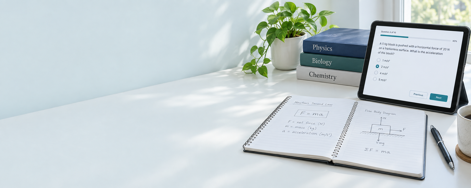 A bright study desk with books, a laptop and a plant
