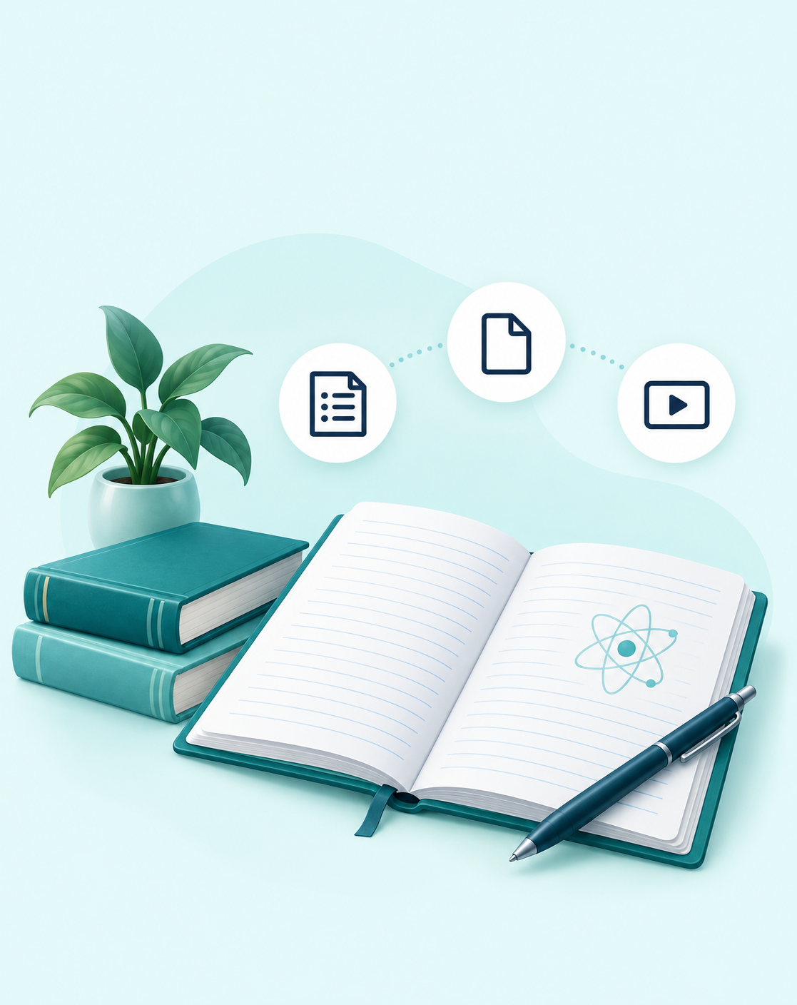 Teal textbooks, an open study notebook and a pen, with mock test, study material and video learning illustrations.